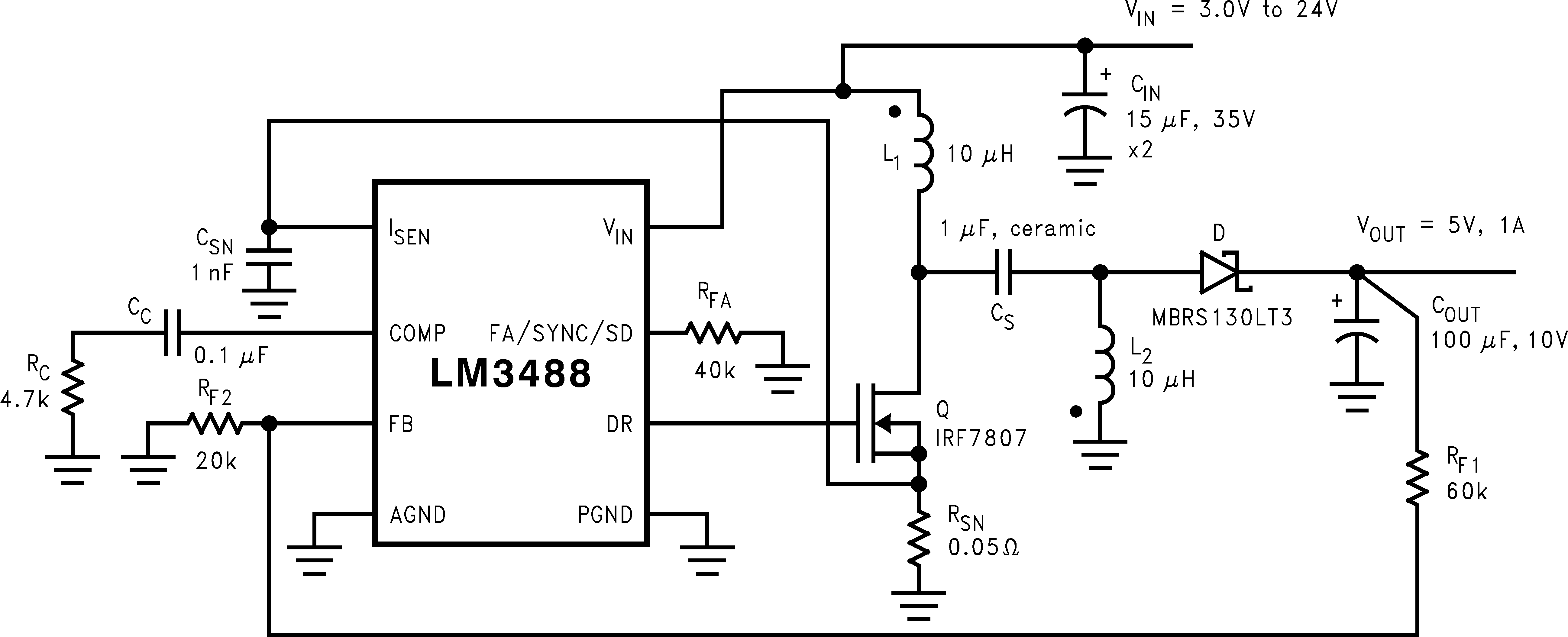 LM3488, DC/DC Converter, Buck-Boost, SEPIC, schematic LM3488 LM3488-Q1 LM3488_SEPIC_schematic.png