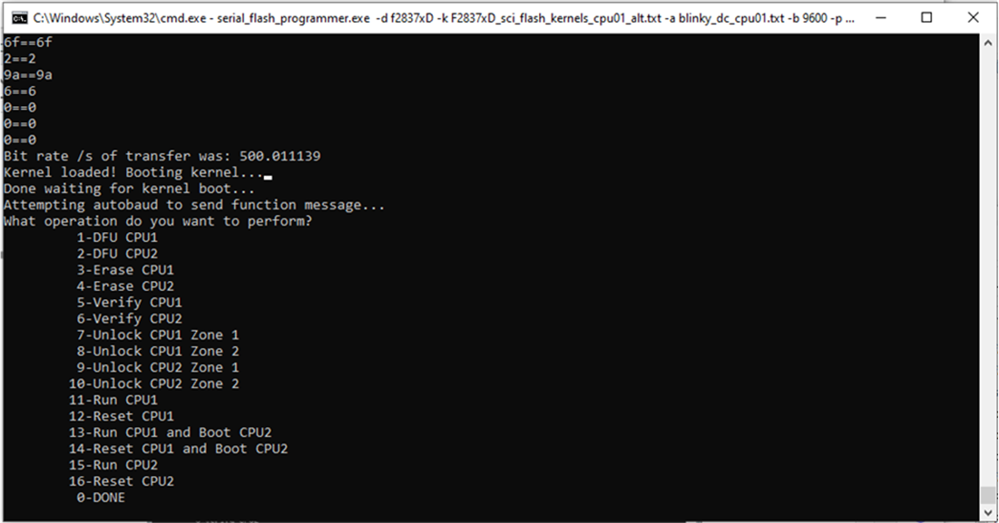  串行闪存编程器将闪存内核下载到 RAM 后提示输入下一个命令