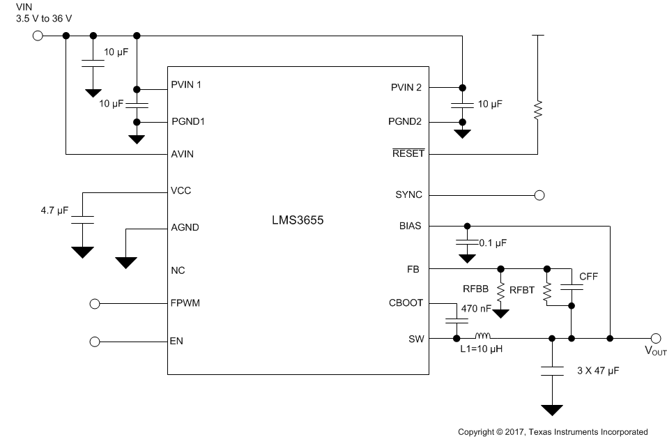 EMI, buck, regulator, converter LMS3655 LMS3655-typical-application-SNAS744.gif