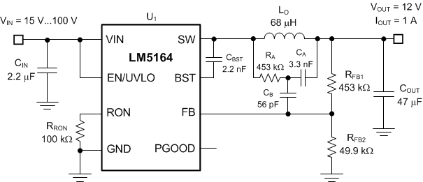 LM5164 Typical Application VIN(nom) = 48 V, VOUT = 12 V, IOUT(max) = 1 A, FSW(nom) = 300 kHz