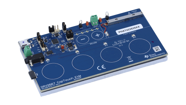 DRV2667EVM-CT 具有升压、数字前端和内部波形存储器的压电式触觉驱动器 EVM angled board image