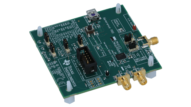 LMX2572EVM 具有相位同步功能且支持 JESD204B 的 6.4GHz 低功耗宽带射频合成器 angled board image