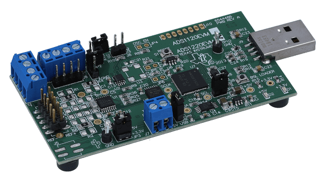 ADS1220EVM 用于低功耗、低噪声、24 位模数转换器的评估模块 angled board image