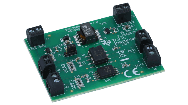 AMC1200EVM 适用于 AMC1200 电流检测、±250mV 输入基本隔离放大器的评估模块 angled board image