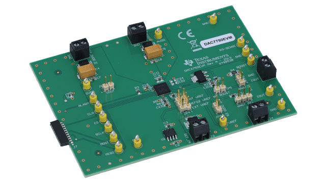 DAC7750EVM 具有 4mA 至 20mA 电流输出的 DAC7750 12 位可编程 DAC 评估模块 angled board image