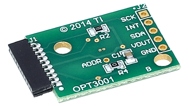 OPT3001EVM 具有高精度人眼响应的 OPT3001 数字环境光传感器 (ALS) 评估模块 angled board image