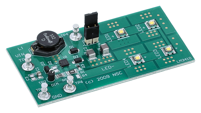 LM3410XBSTOVPEV/NOPB LM3410X Boost LED Driver Evaluation Board, 190mA, Overvoltage Protection, 4 Series LEDs angled board image