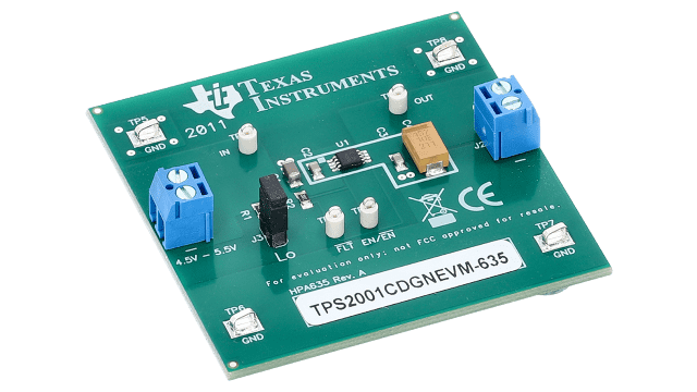 TPS2001CDGNEVM-635 用于 TPS2001C 单通道、限流 USB 配电开关的评估模块 angled board image