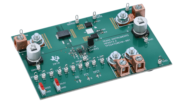 TPS24720EVM-001 用于 TPS24720 正电压功率限制热插拔控制器的评估模块 angled board image