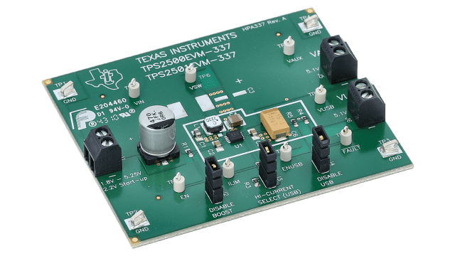 TPS2500EVM-337 具有低电压输入评估模块的用于 TPS2500 的配电开关 angled board image