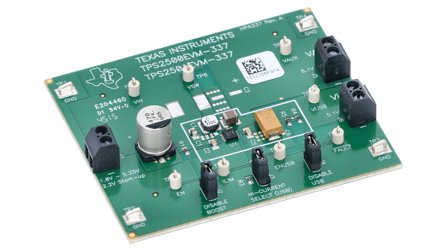 TPS2501EVM-337 具有低电压输入评估模块的用于 TPS2501 的配电开关 angled board image
