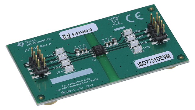 ISO7721DEVM EMC 性能优异的 D 封装 ISO7721 高速双通道数字隔离器评估模块 angled board image