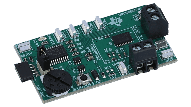 DRV8850EVM DRV8850EVM - 用于具有 LDO 稳压器的低电压 H 桥电机驱动器的评估模块 angled board image