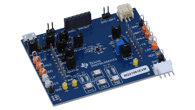 BQ21061EVM 带 LDO 评估模块的 I2C 控制的 1 节 500-mA 电源通路线性电池充电器 angled board image