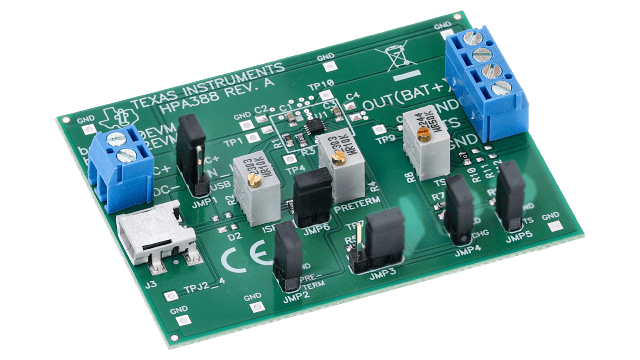 BQ24050EVM BQ24050 评估模块：0.8A 单输入单节锂离子电池充电器 angled board image