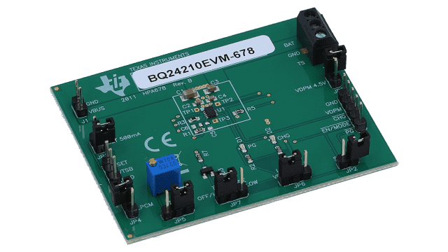 BQ24210EVM-678 用于具有 800mA 单输入单节锂离子电池太阳能充电器 BQ24210 的评估模块 angled board image