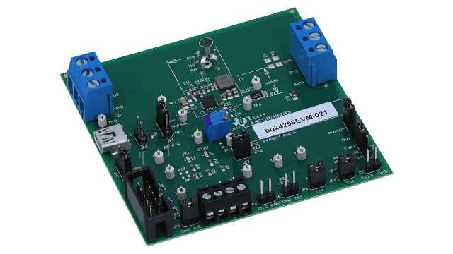 BQ24296EVM-021 具有 Narrow VDC 电源路径管理评估模块的 I2C 控制 2.5A 单节充电器 angled board image