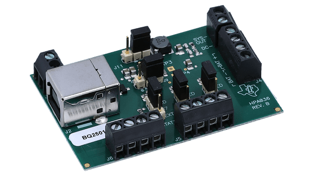 BQ25015EVM 用于单芯片充电器的 BQ25015 评估模块和用于便携式应用领域的 DC/DC 转换器 IC angled board image