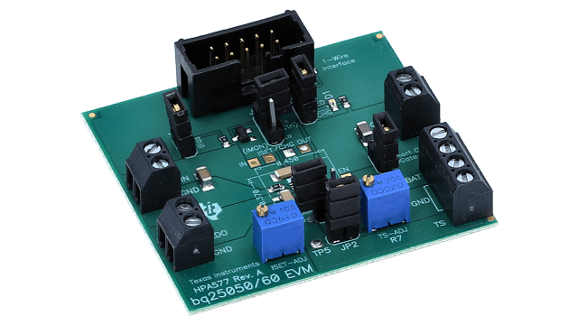 BQ25050EVM 具有 50mA LDO 的 BQ25050 1A、单输入、单节锂离子电池充电器的评估模块 angled board image