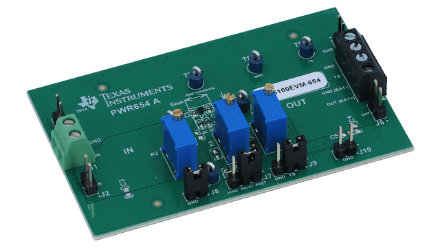 BQ25100EVM-654 用于单节锂离子电池供电系统的电池充电解决方案的评估模块 angled board image