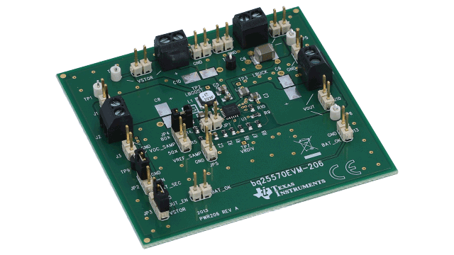 BQ25570EVM-206 超低功耗电源管理 IC、升压充电器纳米级功率降压转换器评估模块 angled board image