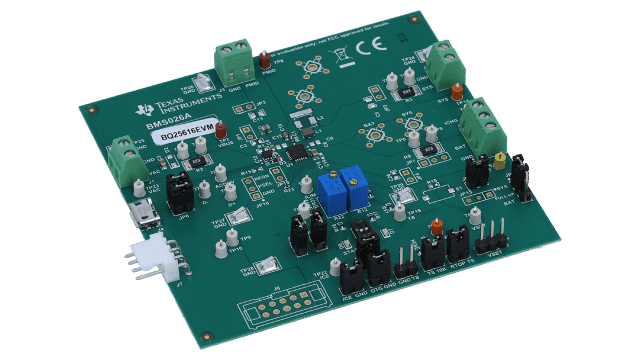 BQ25616EVM 具有 USB BC1.2 检测功能的独立 1 节 3-A 降压电池充电器评估模块 angled board image