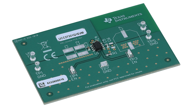 UCC27321Q1EVM 具有使能端的 UCC27321-Q1 汽车类单路 9A 高速低侧 MOSFET 驱动器 angled board image