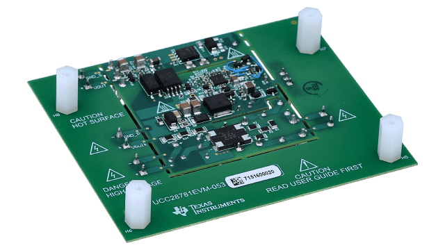UCC28781EVM-053 UCC28781-Q1 evaluation module for automotive 500-Vdc input ZVS-flyback power supply applications angled board image