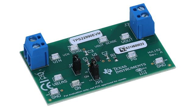 TPS22990EVM TPS22990 5.5V、10A、3.9mΩ 导通电阻负载开关评估模块 angled board image
