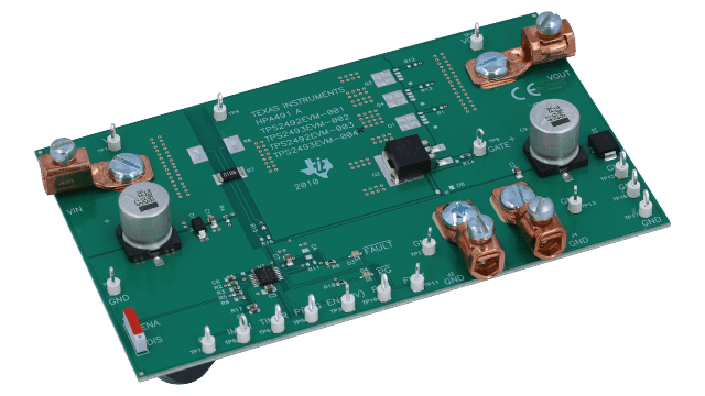 TPS2493EVM-004 用于 48V 正电压轨的 TPS2493 热插拔控制器评估模块 angled board image