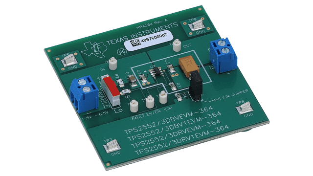 TPS2552DRV1EVM-364 具有用于 TPS2552DRV1EVM-364 的可调节限流评估模块的配电开关 angled board image