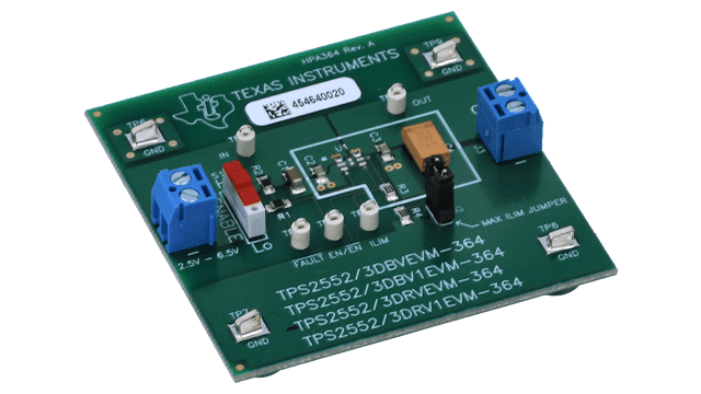 TPS2552DRVEVM-364 具有用于 TPS2552DRVEVM-364 的可调节限流评估模块的配电开关 angled board image