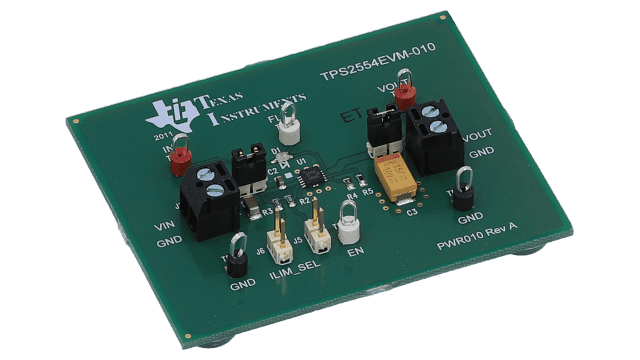 TPS2554EVM-010 用于 TPS2554 精密可调节、限流配电开关的评估模块 angled board image