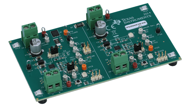 TPS25942EVM-635 TPS25942EVM-635 用于电源多路复用器评估模块的具有真正反向阻断功能的熔丝 angled board image