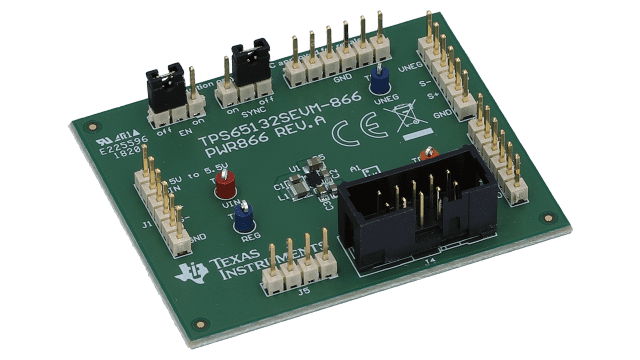TPS65132SEVM-866 TPS65132S 评估模块：单电感器 - 双路输出正负电源 angled board image