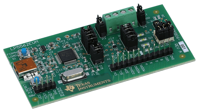 LP5562EVM 具有可编程照明序列评估模块的四通道 LED 驱动器 angled board image