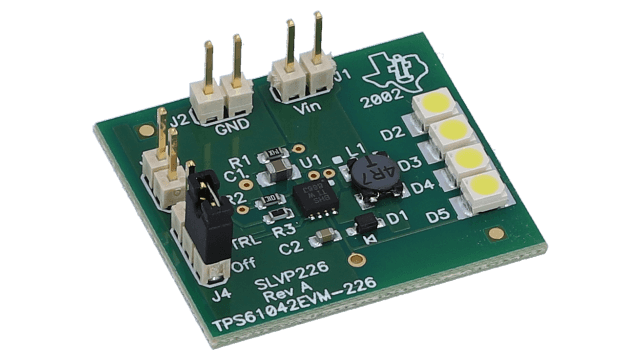 TPS61042EVM-226 用于具有 PWM 亮度控制的恒流白光 LED 电源的 TPS61042 EVM angled board image