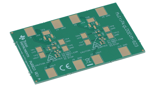 MULTIPKGLDOEVM-823 用于 DBV、DRB、DRV 和 DQN 封装的通用 LDO 线性稳压器评估模块 angled board image