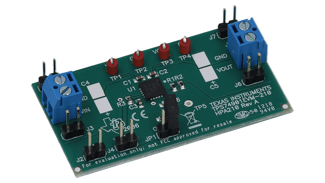 TPS74901EVM-210 TPS74901 evaluation module for 3-A, low-VIN (0.8-V) adjustable ultra-low-dropout voltage regulator angled board image