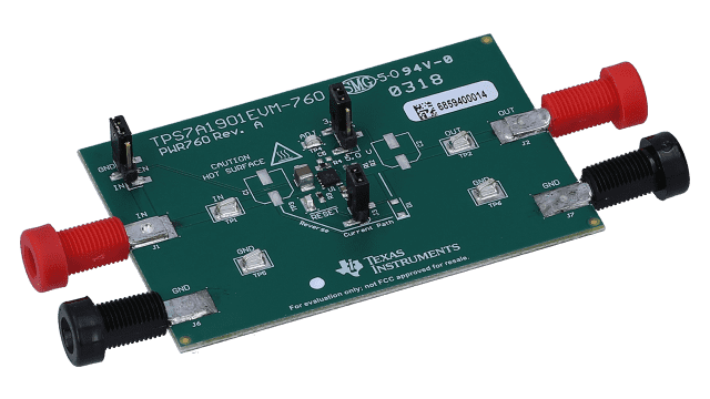 TPS7A1901EVM-760 TPS7A19 40V 450mA 低 IQ LDO 线性稳压器评估模块 angled board image