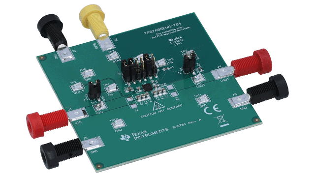 TPS7A85EVM-754 TPS7A85 4-A 高电流、1% 高精度、4.4-μVRMS LDO 稳压器评估模块 angled board image