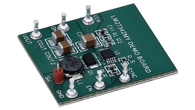 LM27342MYEVAL LM27342MY (10-Pin eMSOP) 2MHz 2A Wide Input Buck Regulator w/ Frequency Synchronization EVM angled board image