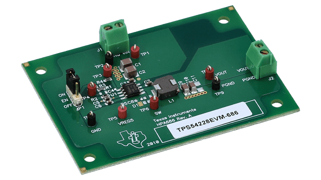 TPS54228EVM-686 用于具有轻载效率的 TPS54228 同步降压转换器的评估模块 angled board image