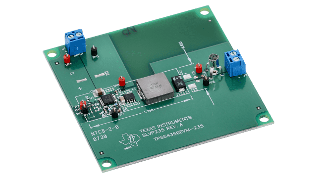 TPS54350EVM-235 3A， 输入电压为 4.5V 至 20V 且输出电压可调节的 DC/DC 转换器 angled board image