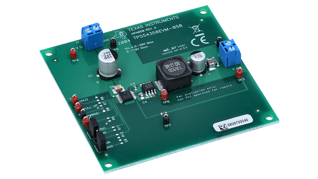 TPS54356EVM-058 具有固定 3.3V 输出电压、3A、4.5-20V 输入电压的 DC/DC 转换器 angled board image