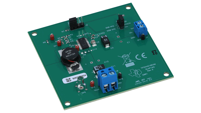 TPS54610EVM-192 6A、输入电压为 3V 至 6V、具有可降至 0.9V 的可调节输出电压的 DC/DC 转换器 angled board image