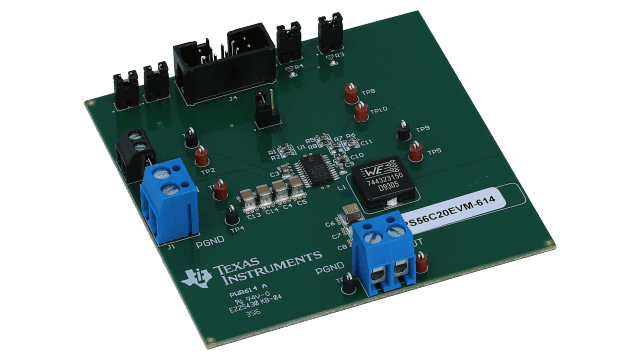 TPS56C20EVM-614 具有用于输出电压调节的 I2C 接口的 TPS56X20EVM-614、4.5V 至 17V 输入、最大输出为 1.1V (12 A) 的评估模块 angled board image
