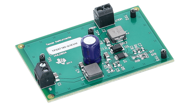 TPS57160-Q1EVM TPS57160-Q1EVM：- 具有 TPS57160-Q1 降压 DC/DC 转换器并针对 EMC 进行优化的 EVM angled board image