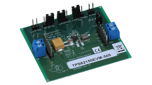 TPS62150EVM-505 采用 3x3 mm、16 引脚 QFN 封装的 TPS62150（1A 同步降压转换器）评估模块 angled board image