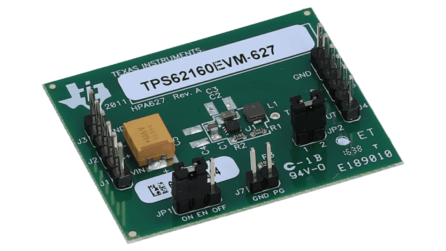 TPS62160EVM-627 采用 2x2 mm、8 引脚 WSON 封装的 TPS62160（1A 同步降压转换器）评估模块 angled board image